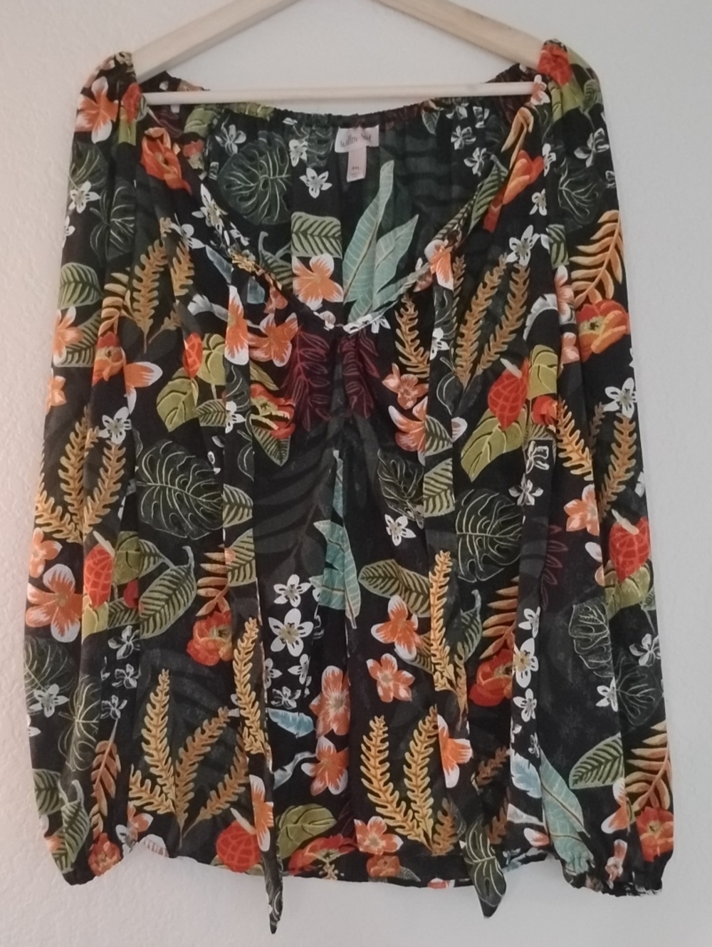 Bold Floral Tropical Blouse With Tie Neckline